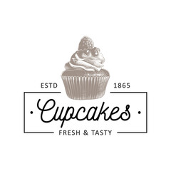 Wall Mural - Vintage style bakery shop simple label, badge, emblem, logo template. Graphic food art with engraved cupcake design vector element with typography. Hand drawn pastry on white background.