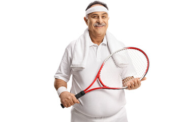 Canvas Print - Smiling mature man with a tennis racket and a headband