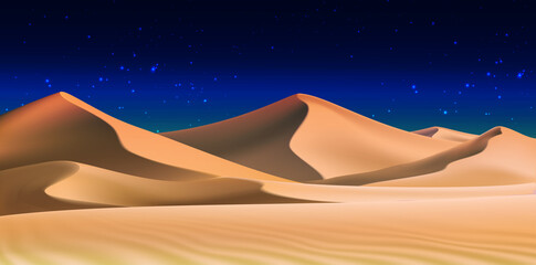 3d realistic background of sand dunes in the night. desert landscape with dark blue sky.