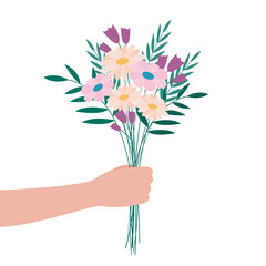 Hand holding bouquet of flowers. Meadow cute blossom bunch isolated on white background. Vector flat illustration