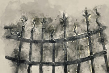 Watercolor Style Illustration Of Metal Gothic Closed Gate