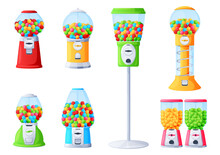 Machines With Multicolored Chewing Gum Collection Vector Illustration. Set Retro Gumballs Container