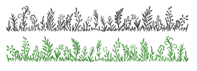 Sticker - Wild herb, flowers and grass hand drawn in  doodle style.Vector illustration.Hand made.Wild flowers and grass in one line for frame.Black and Green lines on white background.