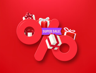 Aufkleber - Shopping offer with percentage sign and gift boxes. Super sale. 3d vector illustration