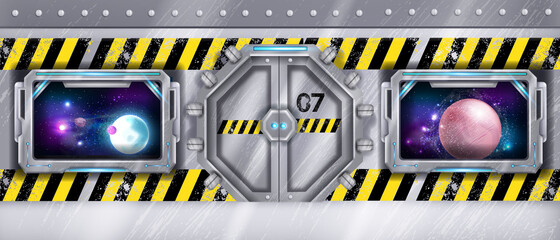 metal spaceship door, vector futuristic laboratory gate, rocket window view, alien planet, stars, ga