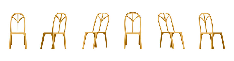 Wooden Chair in front, side and back angles. Garden or kitchen chairs set in various points of view. Flat vector illustration of an empty chair with curved bars.