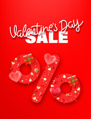 Wall Mural - Valentines day sale vertical banner with holiday objects and lettering inscription. 3d vector