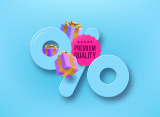 Poster - Shopping offer label with percentage sign and Premium quality sticker. 3d vector illustration