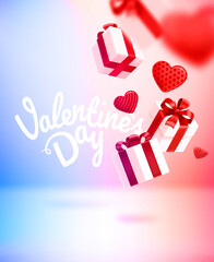 Aufkleber - Valentines day card with falling gift boxes and hearts. 3d vector banner with calligraphic inscription
