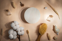 Product Pedestal And Bath Accessories On Beige Background, Top View, Flatlay. Daily Bodycare Concept, Organic Products