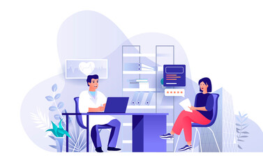 Poster - Medical clinic services scene. Doctor consults female patient in his office. Healthcare and medicine, diagnosis, emergency, treatment concept. Illustration of people characters in flat design