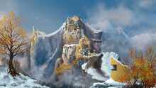 Digital Landscape Painting Of A Castle In The Mountains