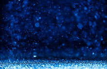 Blue Sequins Fall On A Black Background. Holiday, Shine. Texture With Bokeh