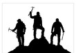 © Daniel Prudek - three black climbers with ice axe in hand ont top of Mount on white background, Mountain climbing, vector illustration logo