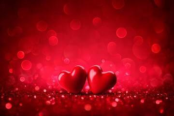 Wall Mural - valentines red hearts on shiny glitter background with defocused abstract lights