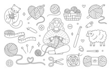 Crochet Doodle Illustration Including - Girl Knitting Clothes, Cat Playing With Wool Yarn Ball, Sheep, Hook, Skein. Hand Drawn Cute Line Art About Handmade. Drawing For Coloring. Editable Stroke