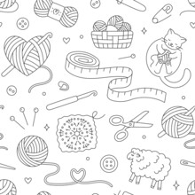 Knitting, Crochet Seamless Pattern. Vector Background With Doodle Illustration - Cat Playing With Wool Yarn Ball, Sheep, Hook, Skein, Measuring Tape. Black And White Line Art About Handmade