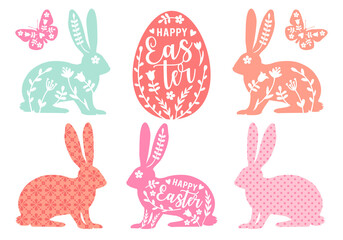 Wall Mural - Easter egg and bunny with floral pattern, vector set