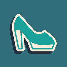 Green Woman Shoe With High Heel Icon Isolated On Green Background. Long Shadow Style. Vector