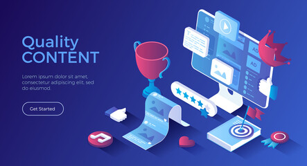 Wall Mural - High Quality Content. Content marketing and optimization. Adding photos, videos, posts to the website, blog or social network. Isometric landing page. Vector web banner.