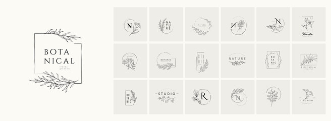Wall Mural - minimal feminine floral monogram and logo. hand drawn wedding herb, elegant leaves. botanical rustic