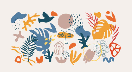 Wall Mural - abstract trendy doodle in organic freehand matisse art style. hand drawn various shapes and objects.