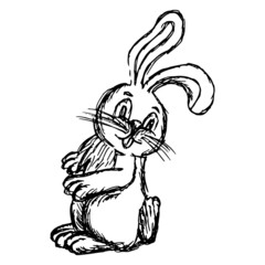 Wall Mural - Hand-drawn doodle of the cute smiling easter bunny. Rough black and white vector sketch isolated on transparent background