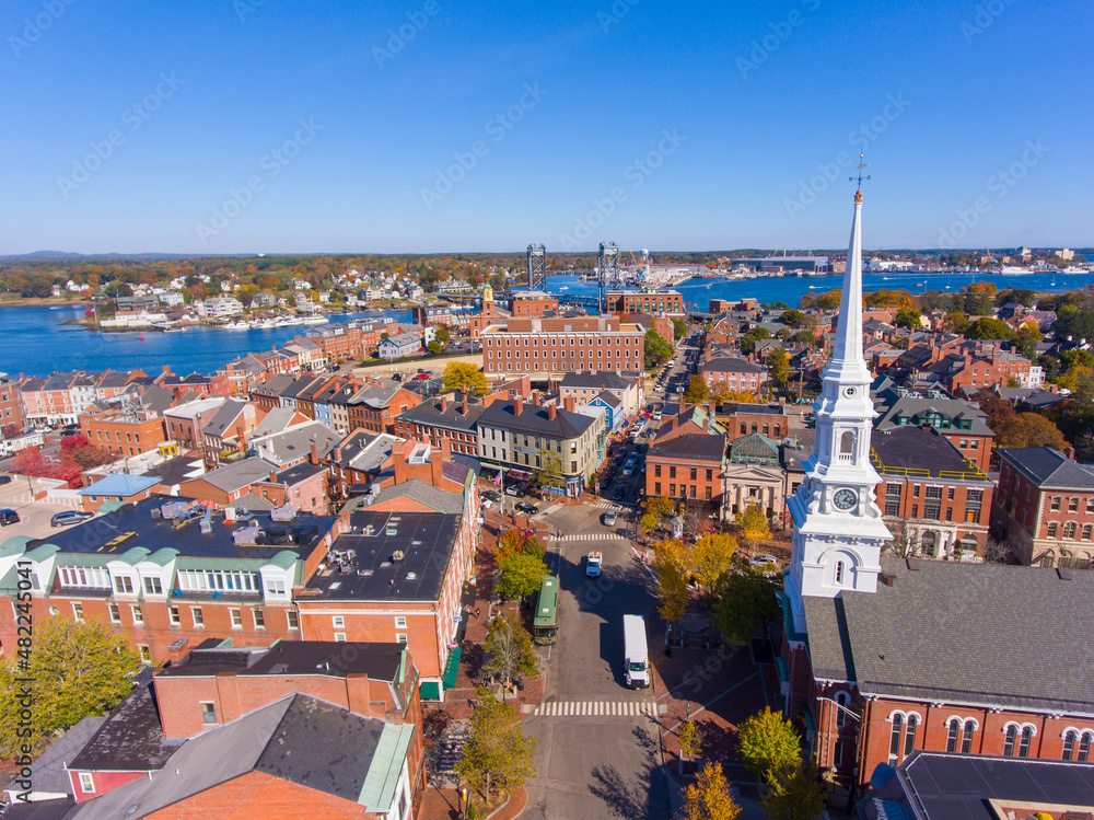 Portsmouth historic downtown aerial view at Market Square with historic buildings and North Church on Congress Street in city of Portsmouth, New Hampshire NH, USA.