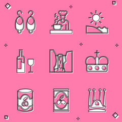 Sticker - Set Earrings, Spanish cook, Beach, Wine bottle with glass, Algar waterfall, Crown of spain, Olives can and icon. Vector