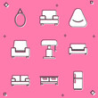 © vector_v - Set Mirror, Armchair, Pouf, Table lamp, Sofa, and Chest drawers icon. Vector