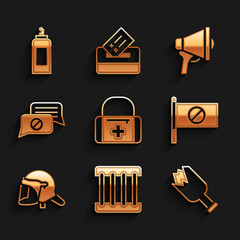 Sticker - Set First aid kit, Prison window, Broken bottle as weapon, Protest, Police helmet, Speech bubble chat, Megaphone and Paint spray can icon. Vector