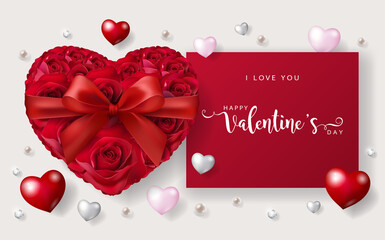 Wall Mural - Valentine's day greeting card templates with realistic of beautiful rose and heart on background color.