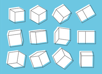 Vector 3d outline cubes. Cube icons in a perspective. Geometric blocks. Vector illustration isolated on blue background.	