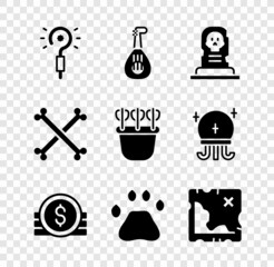 Sticker - Set Magic wand, Lute, Grave with tombstone, Ancient coin, Bear paw footprint, Pirate treasure map, Crossed human bones and Quiver arrows icon. Vector