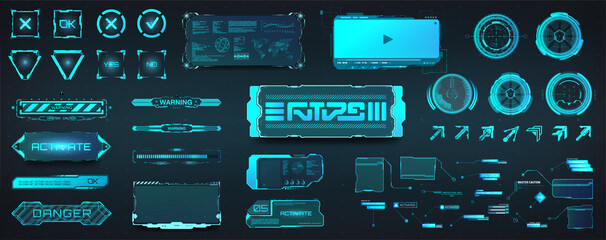 Wall Mural - Digital HUD box set for futuristic UI, UX, GUI projects. Futuristic User Interface with sci-fi callouts titles, aim, digital frame, info call, bar labels in HUD style. Template info boxes fi. UI set