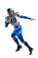 Poster - American football sportsman in action and motion. Sport. Running athlete. Isolated on white background