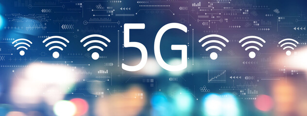 Wall Mural - 5g network with blurred city lights at night