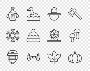 Canvas Print - Set line Hockey helmet, Pumpkin, Canadian ranger hat, Capilano Suspension Bridge, Maple syrup, Beanie, maple leaf and Mushroom icon. Vector