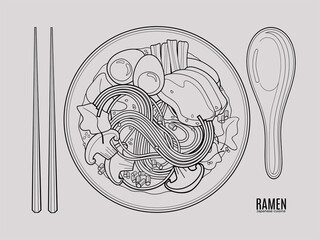 Japanese ramen soup. Top view outline doodle style illustration.