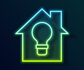 Glowing neon line Smart house and light bulb icon isolated on black background. Vector