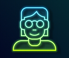 Glowing neon line Hacker or coder icon isolated on black background. Programmer developer working on code, coding, testing, debugging, analysing. Vector