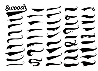 Swooshes text tails for baseball design. Sports swash underline shapes set in retro style. Swish typography font elements for athletics, baseball, football decoration. Black swirl vector line