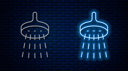 Poster - Glowing neon line Shower head with water drops flowing icon isolated on brick wall background. Vector