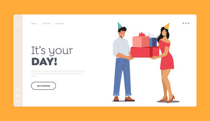 Birthday Holiday Congratulations Landing Page Template. Character in Festive Hat Greeting Happy Girl, Surprise Party