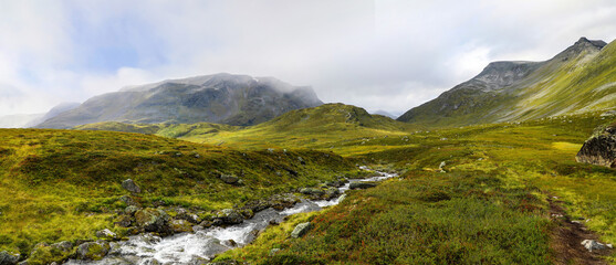 peaceful stream flowing through a green mountain landscape