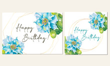 Birthday Card Template With Hand Painted Watercolor Illustration Of Blue Poppy Flowers