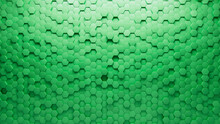 Hexagonal, Futuristic Wall Background With Tiles. 3D, Tile Wallpaper With Polished, Green Blocks. 3D Render