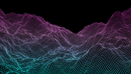 Abstract vector cyberspace terrain. Mountain landscape mesh illustration. 3d technology wireframe vector digital design.