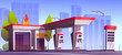 Gas station with oil pump, refill petrol service on cityscape background. Urban fuel filling for cars modern building with market, prices display, diesel or gasoline guns. cartoon vector illustration