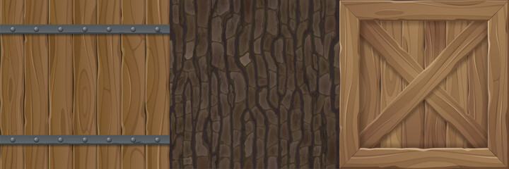 Wooden textures for game, wood barrel or fence planks with nails, tree bark and box or case cartoon seamless patterns. Natural materials, textured brown construction design ui elements, Vector set
